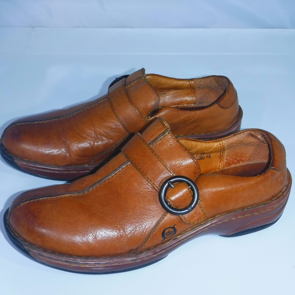 Born  Brown Leather Clogs with Faux Buckle 6.5M
